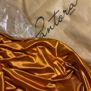 Copper stretch satin bridesmaid dress w/ slit